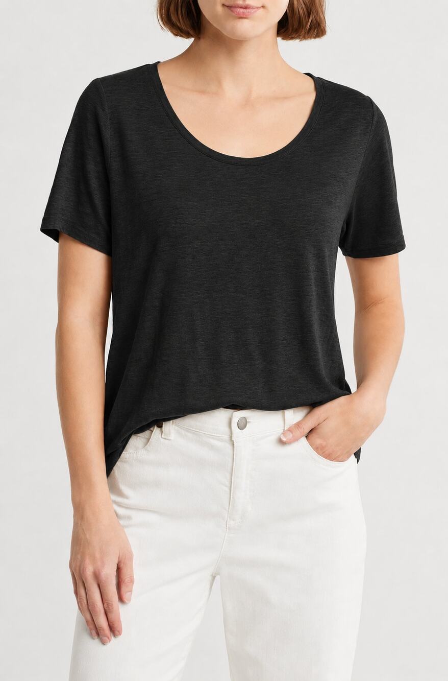 Eileen Fisher Black Short-Sleeve Scoop Neck Tee